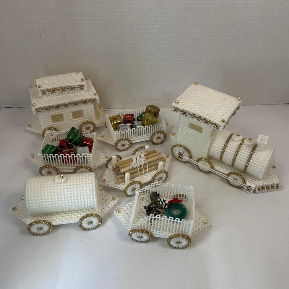Plastic Canvas Christmas Train Set Santa Express 7 Piece White Gold